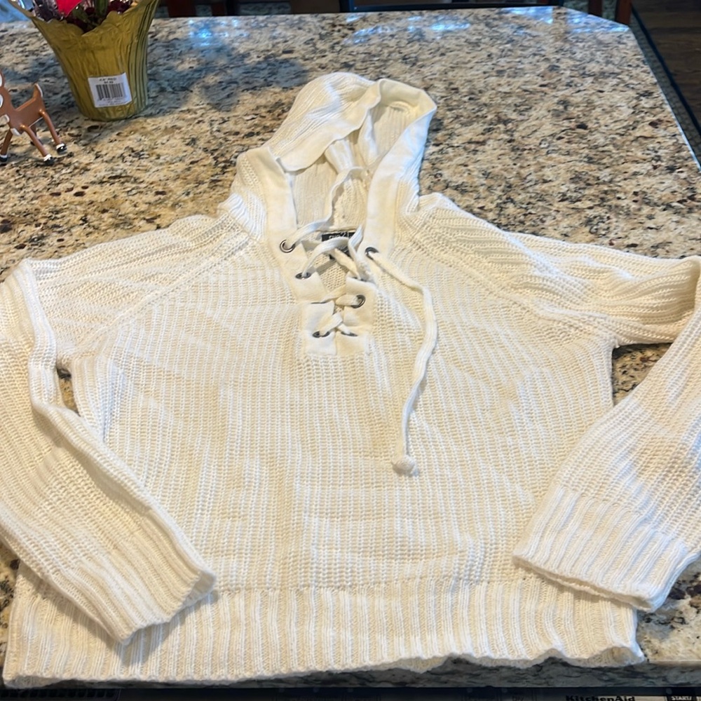 Cream lace up hooded sweater